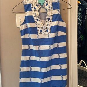 Sail to Sable Blue and White Dress with Embellished Neckline